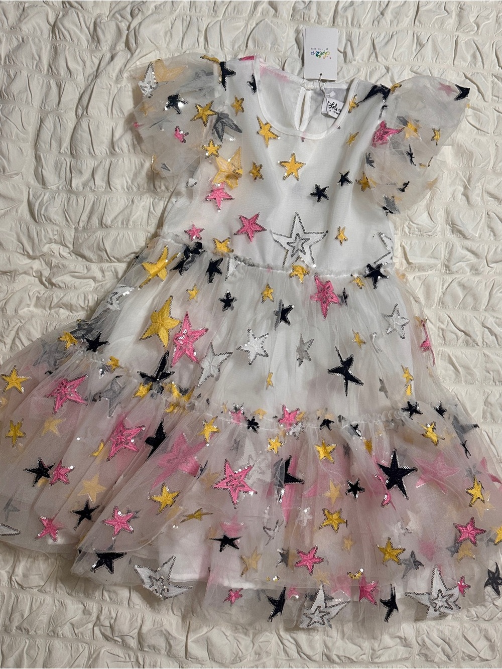 Lola + The Boys White Dress with Yellow and Black Star Accents